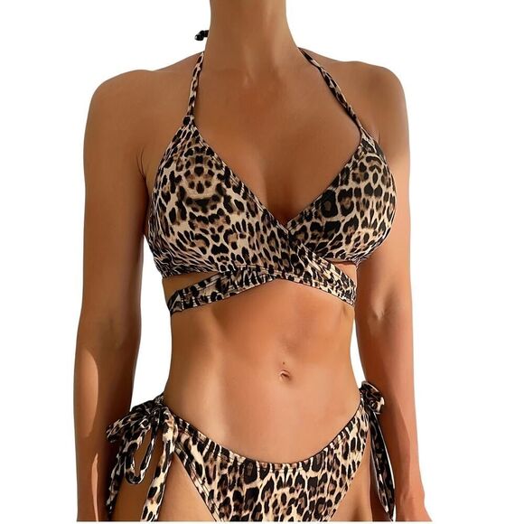 Leopard Print Halter Neck Bikini Set Cross Strape Details Size S - Picture 8 of 8